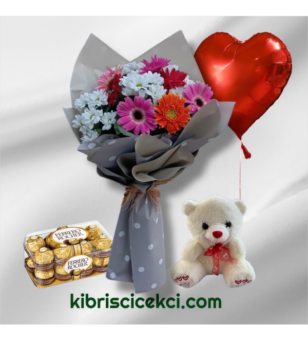 Papatya Gerbera Buketi Ayıcık 16'lı Ferrero Çikolata Kalp Helyum Balon